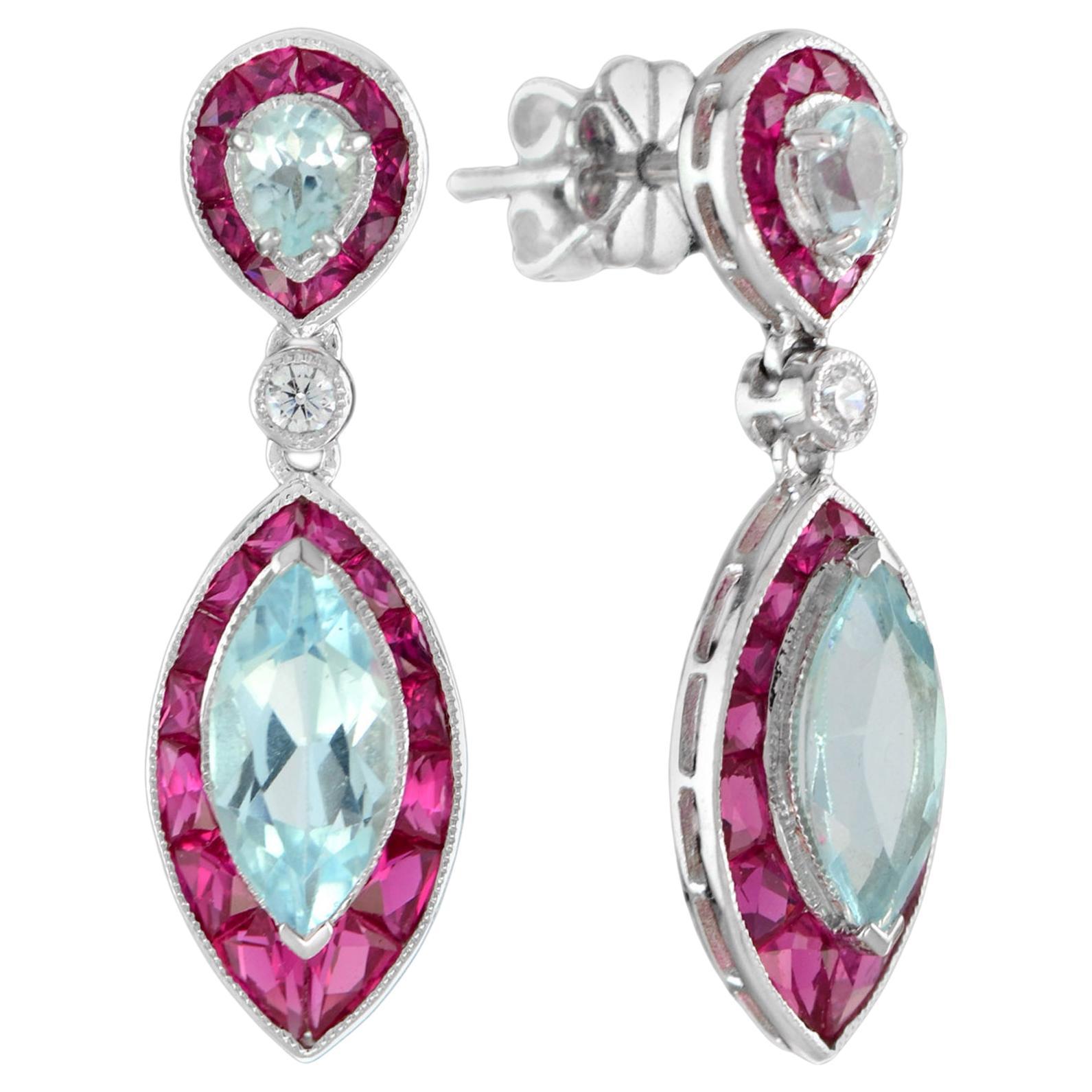 Blauer Topas Rubin & Diamant Marquise Form Tropfen 14K Weißgold Einzigartige Ohrringe im Angebot