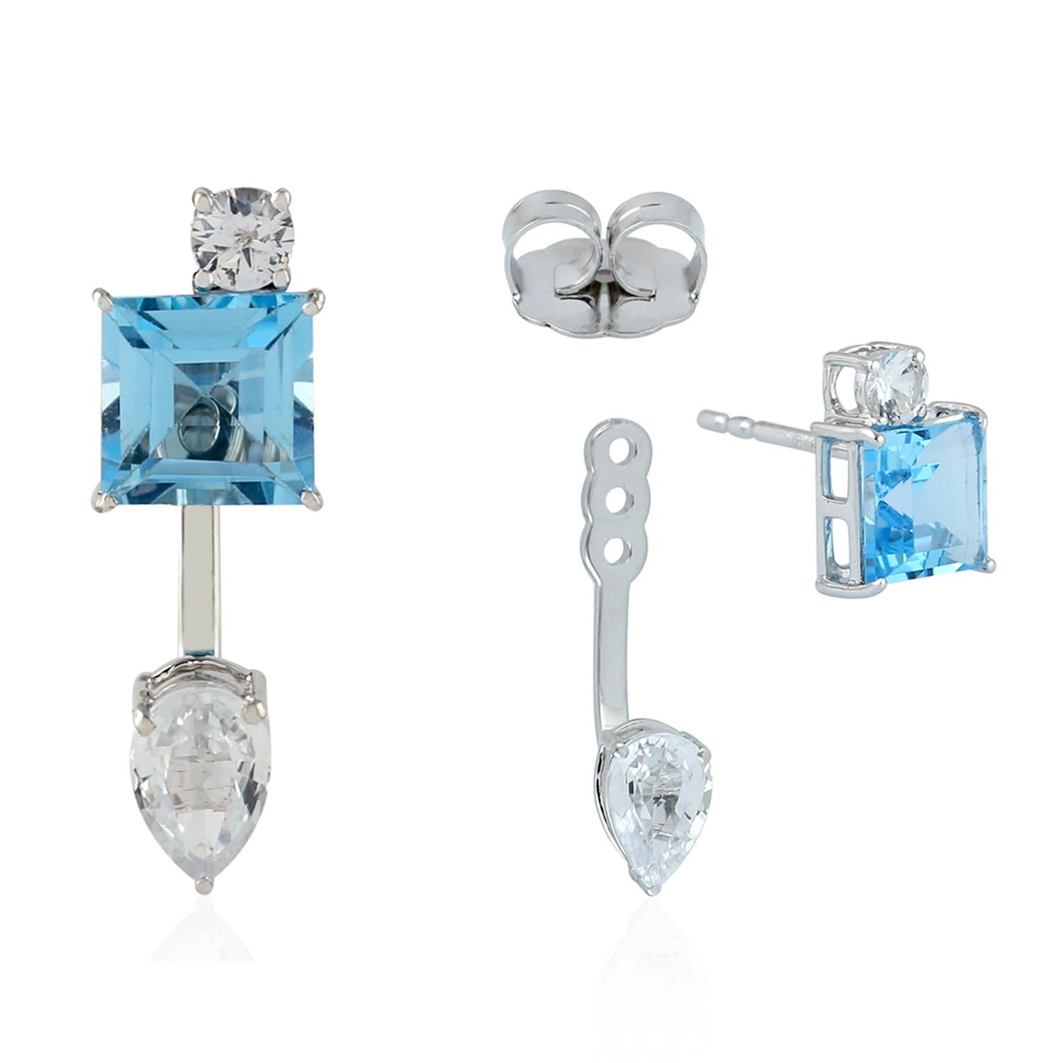 Modern Blue Topaz Sapphire 18 Karat Gold Ear Jacket Earrings For Sale