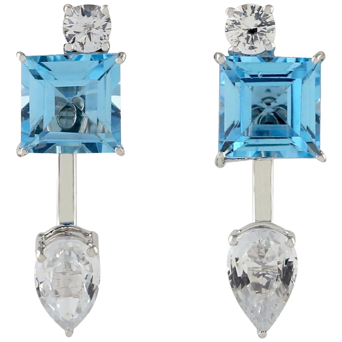 Blue Topaz Sapphire 18 Karat Gold Ear Jacket Earrings