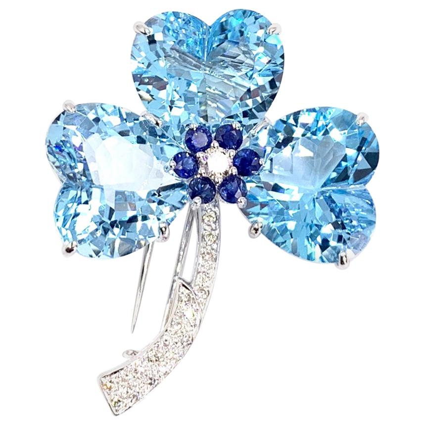 Blue Topaz, Sapphire and Diamond 18 Karat White Gold Clover Brooch For Sale