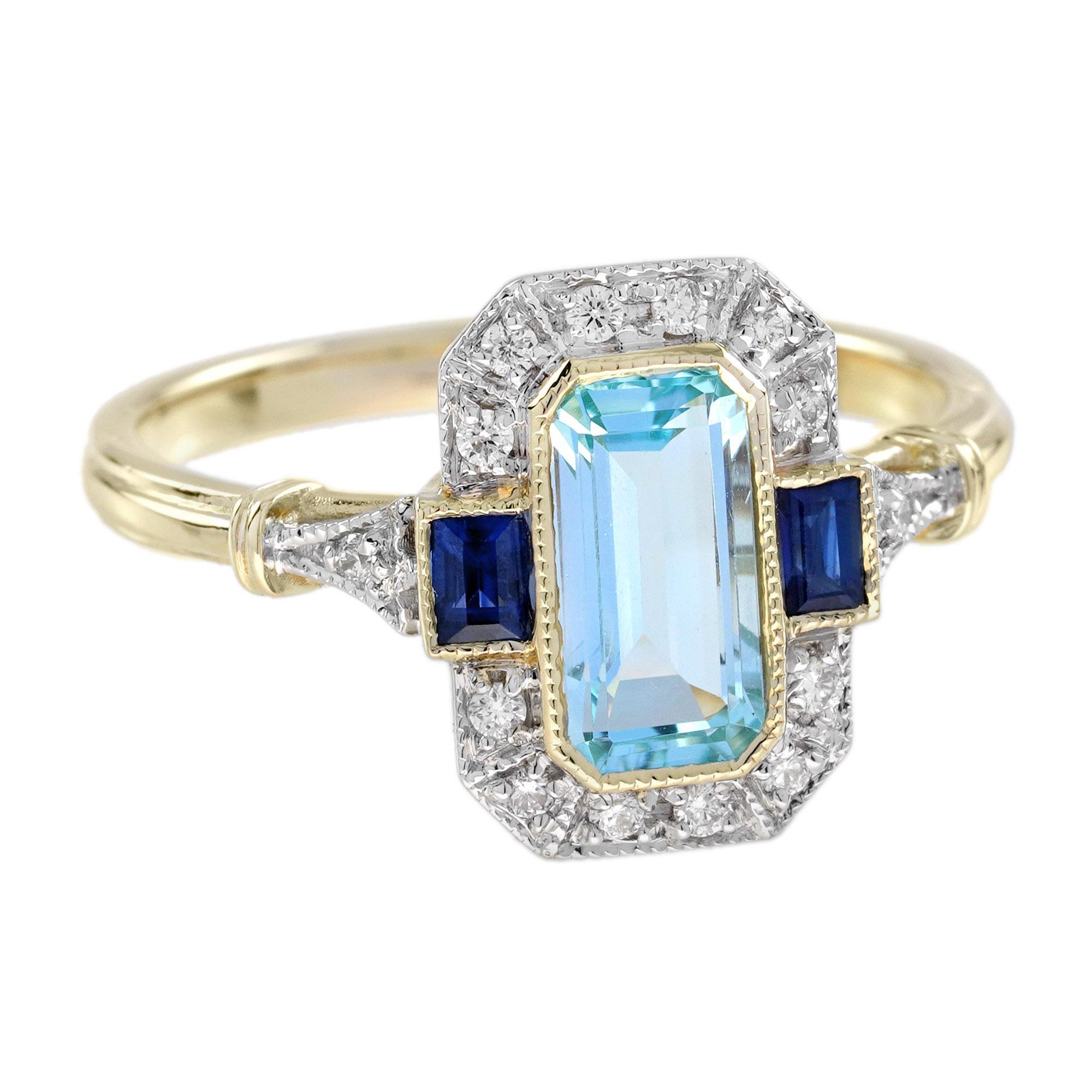 This exquisite Art Deco-style engagement ring showcases a dazzling blue topaz at its center, radiating brilliance and sophistication. Flanking the topaz are two square-cut sapphires, adding depth and contrast near the ring’s shoulders. Surrounding