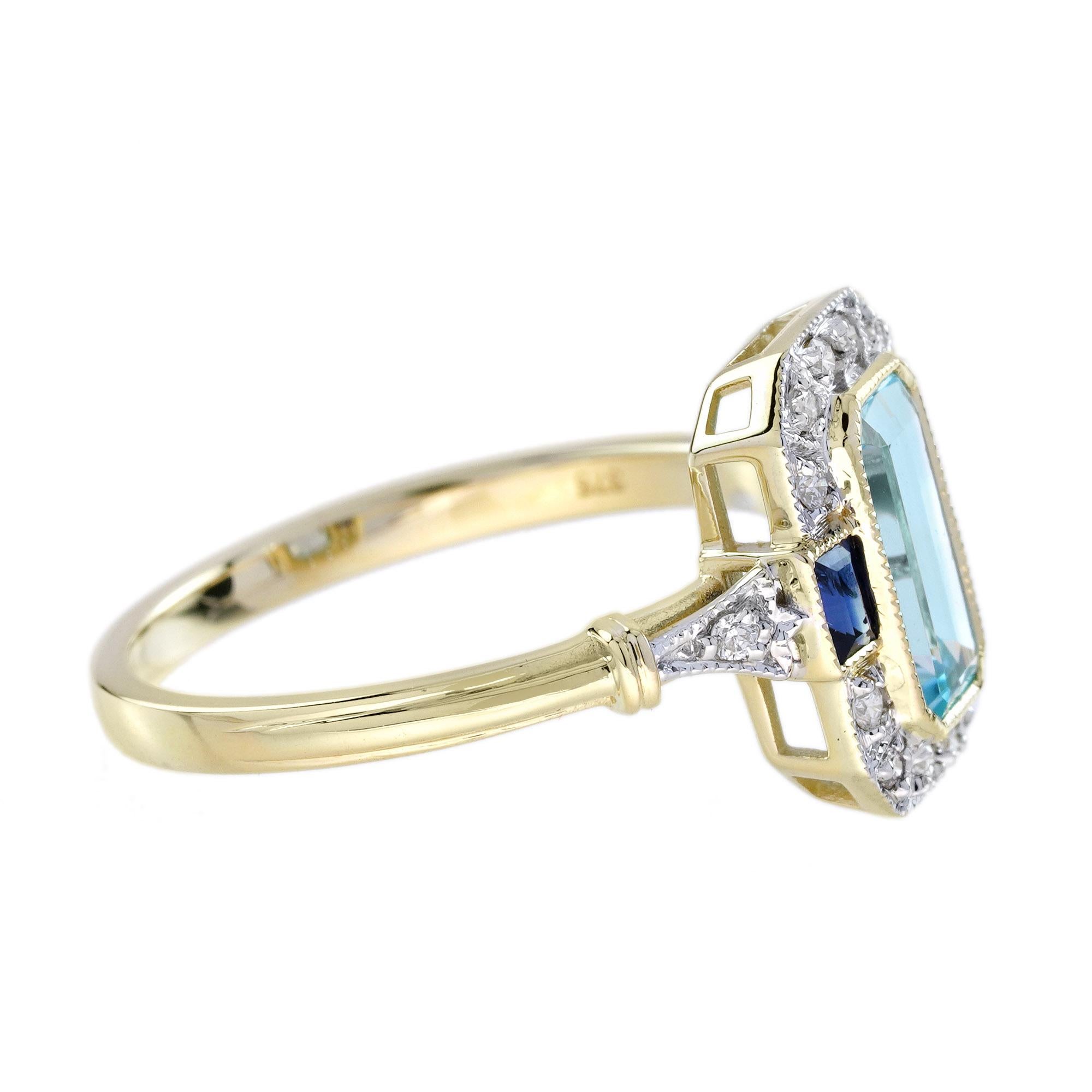 Emerald Cut Blue Topaz Sapphire and Diamond Art Deco Style Engagement Ring in 14K Yellow Gol