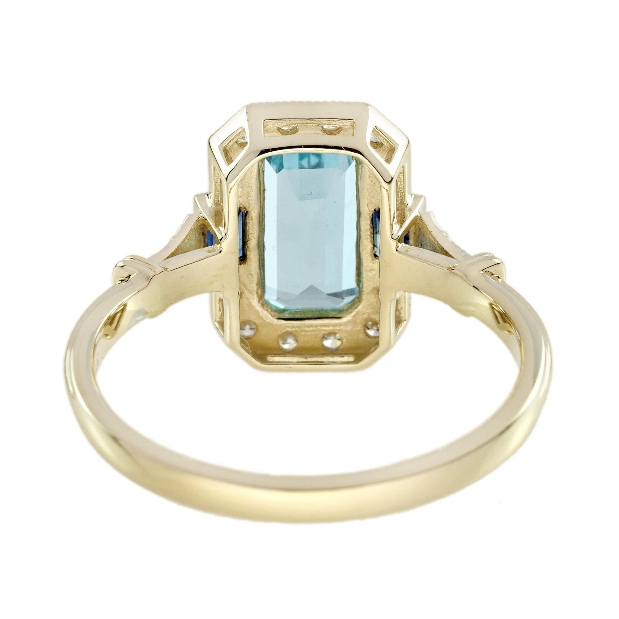 Blue Topaz Sapphire and Diamond Art Deco Style Engagement Ring in 14K Yellow Gol In New Condition In Bangkok, TH