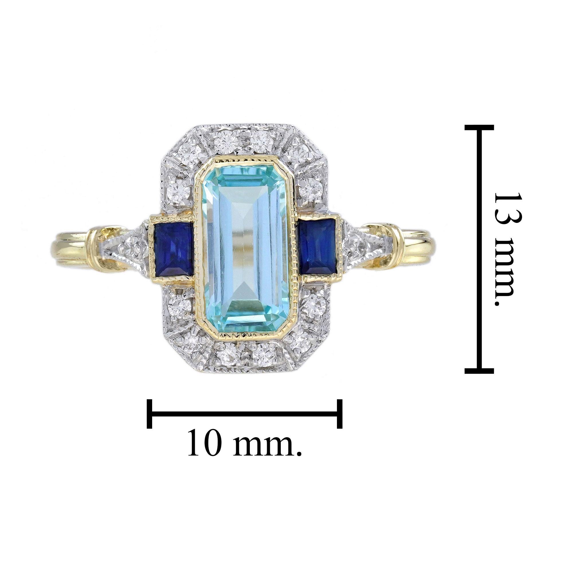 Blue Topaz Sapphire and Diamond Art Deco Style Engagement Ring in 14K Yellow Gol 1