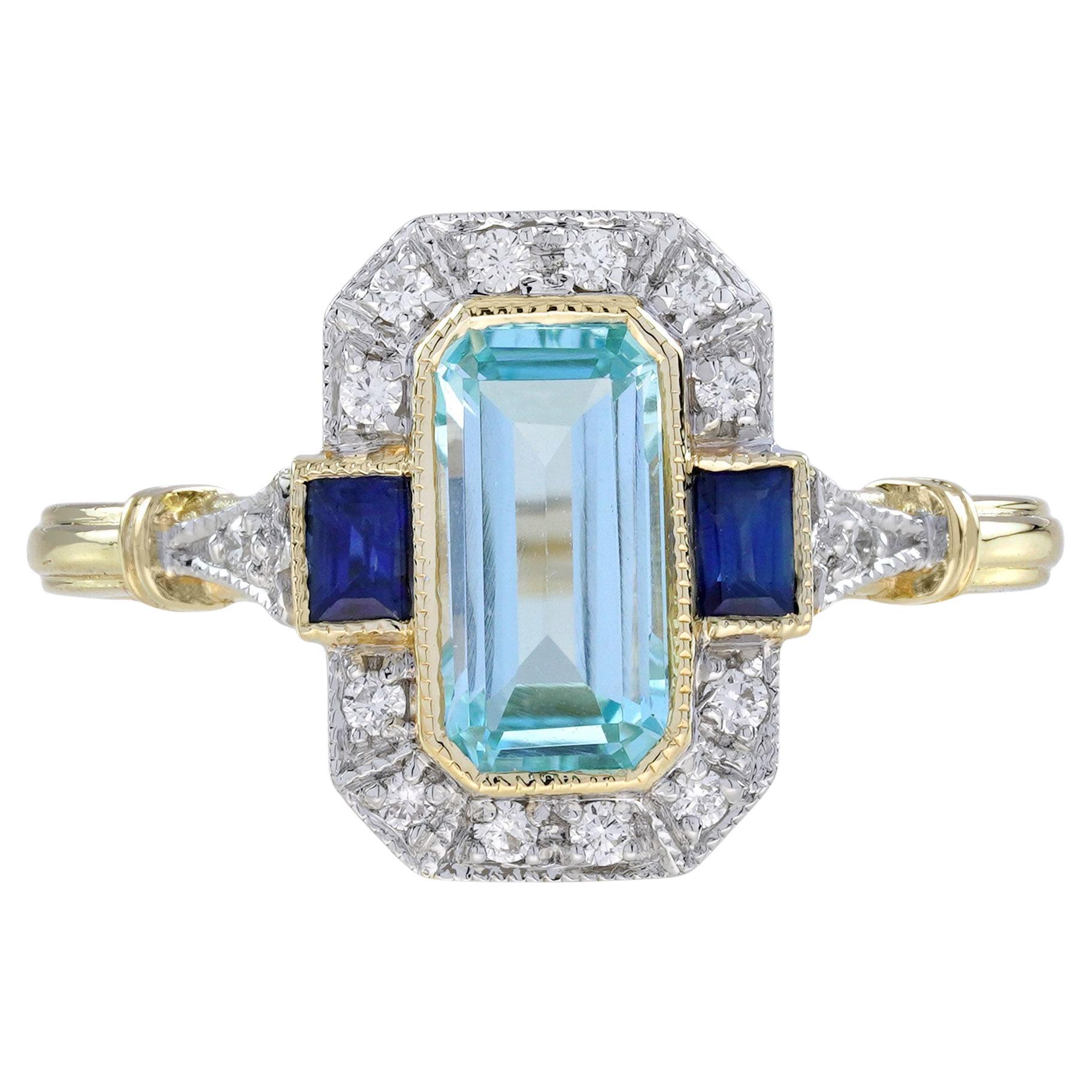 Blue Topaz Sapphire and Diamond Art Deco Style Engagement Ring in 14K Yellow Gol