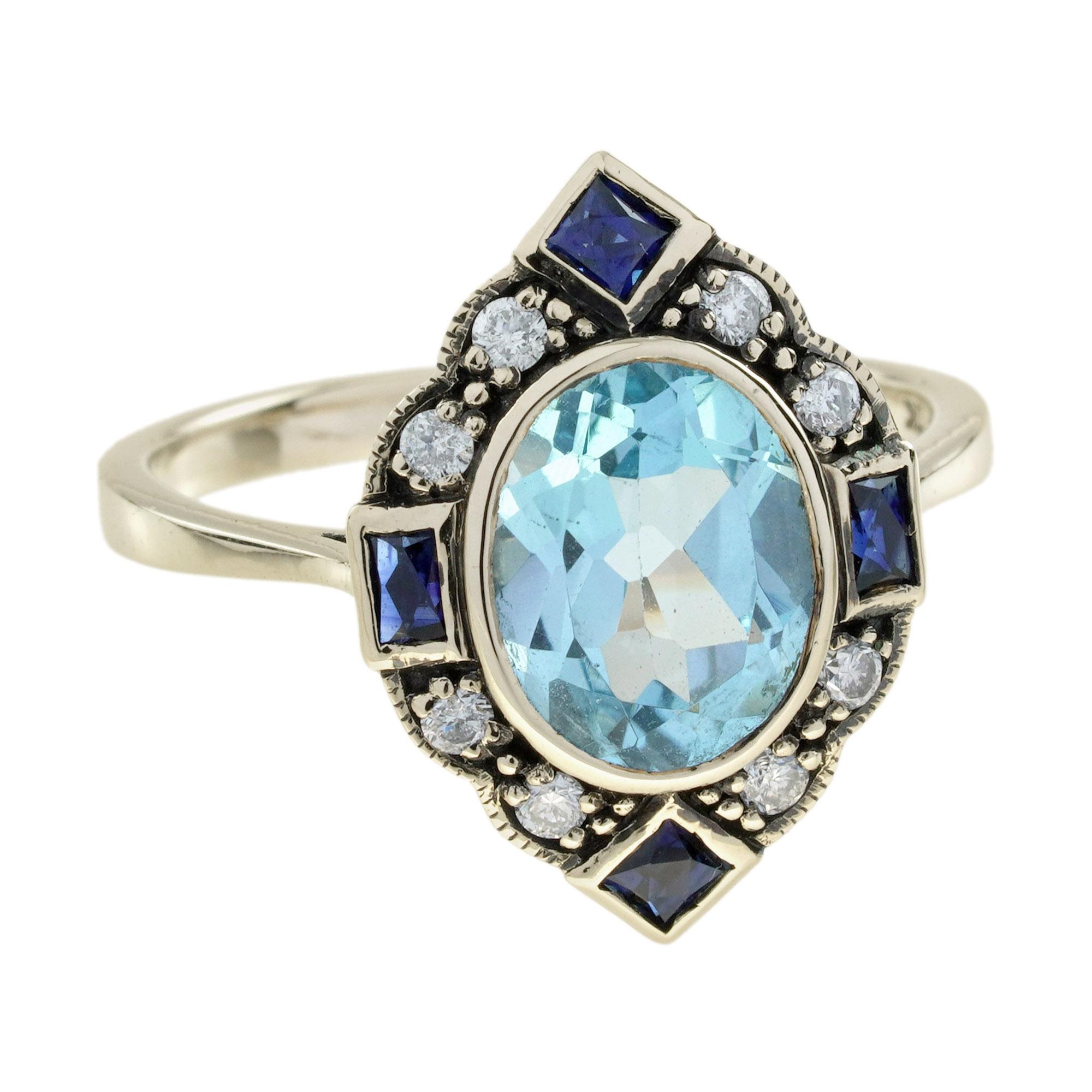 Bague Halo en or jaune 9K, topaze bleue, saphir et diamant de style Art Déco Neuf - En vente à Bangkok, TH
