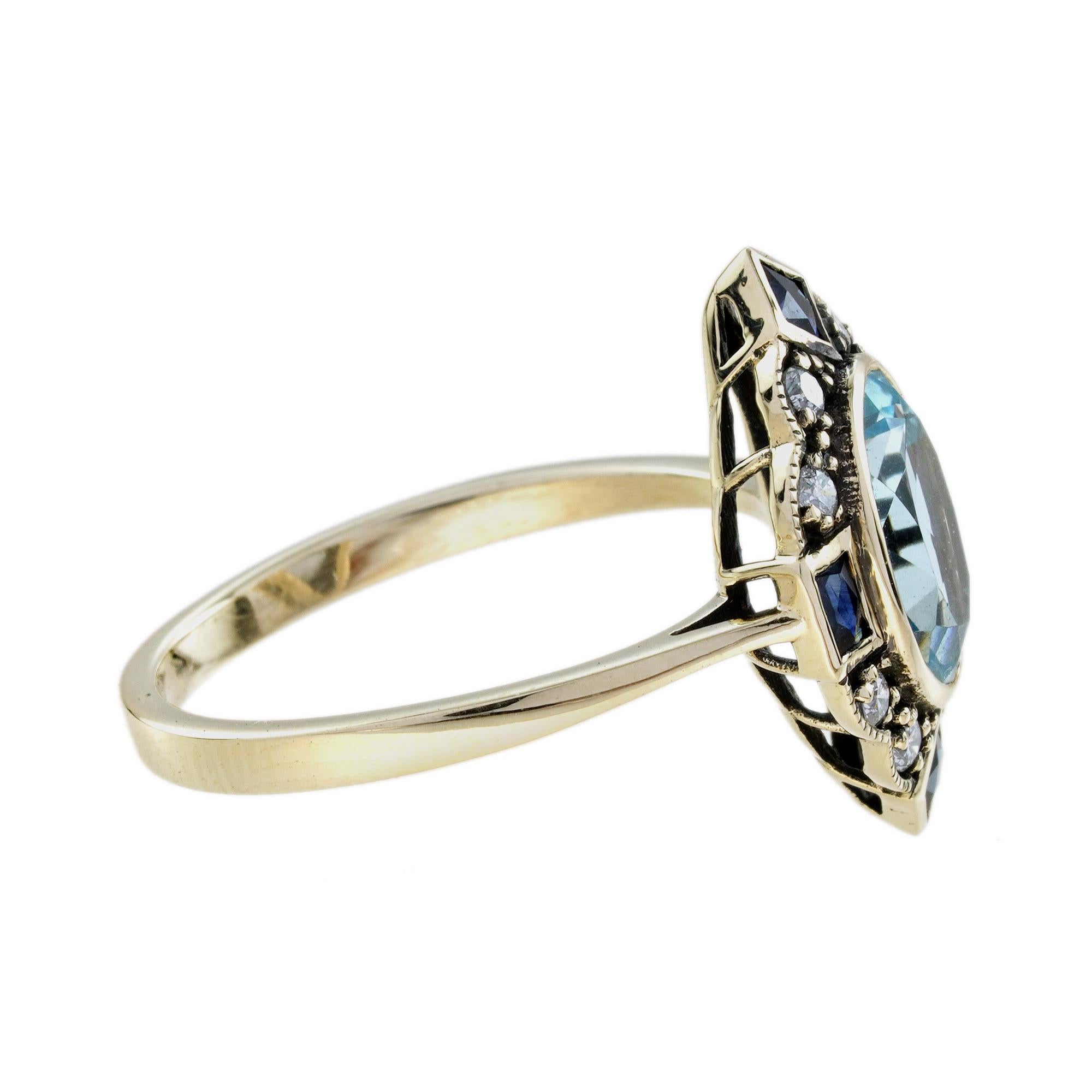 Bague Halo en or jaune 9K, topaze bleue, saphir et diamant de style Art Déco Pour femmes en vente