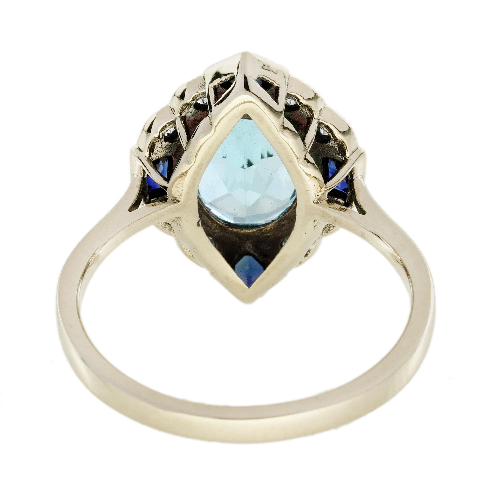 Bague Halo en or jaune 9K, topaze bleue, saphir et diamant de style Art Déco en vente 1