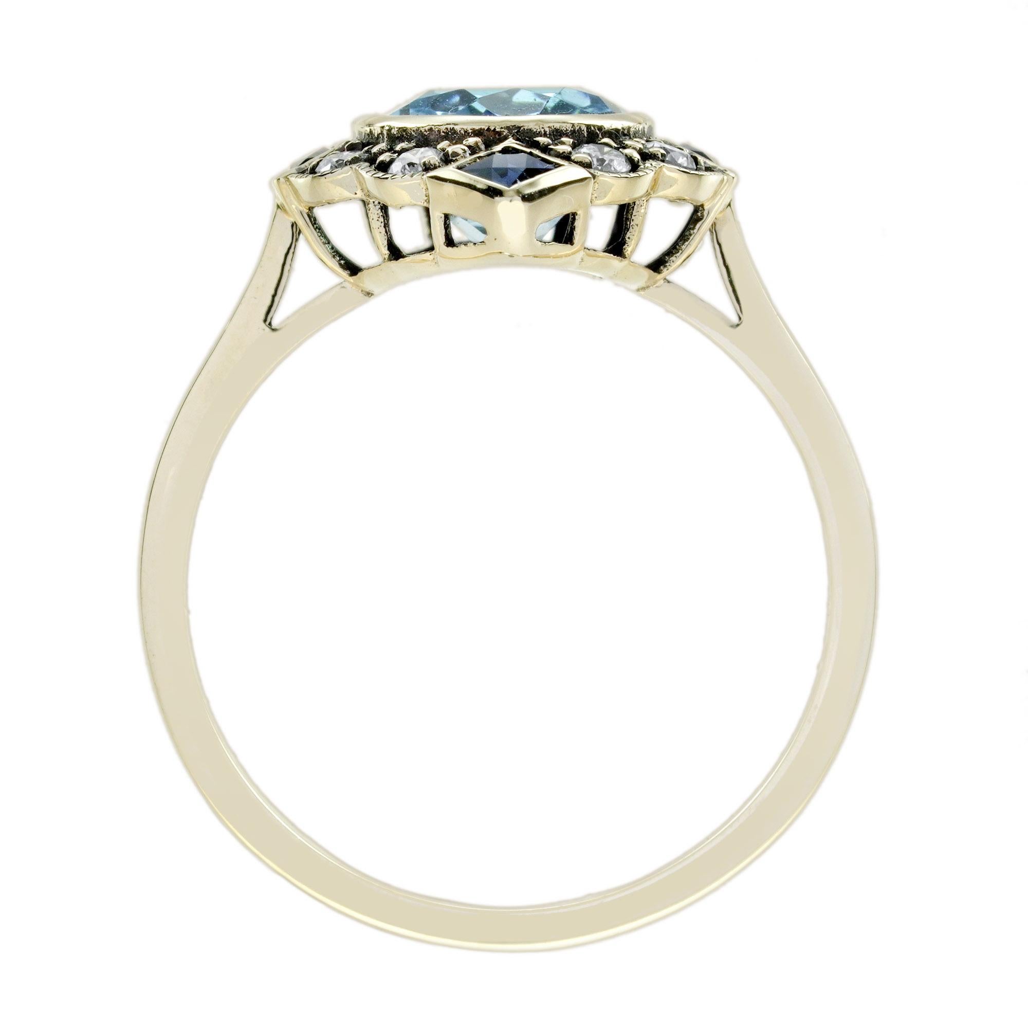 Bague Halo en or jaune 9K, topaze bleue, saphir et diamant de style Art Déco en vente 2