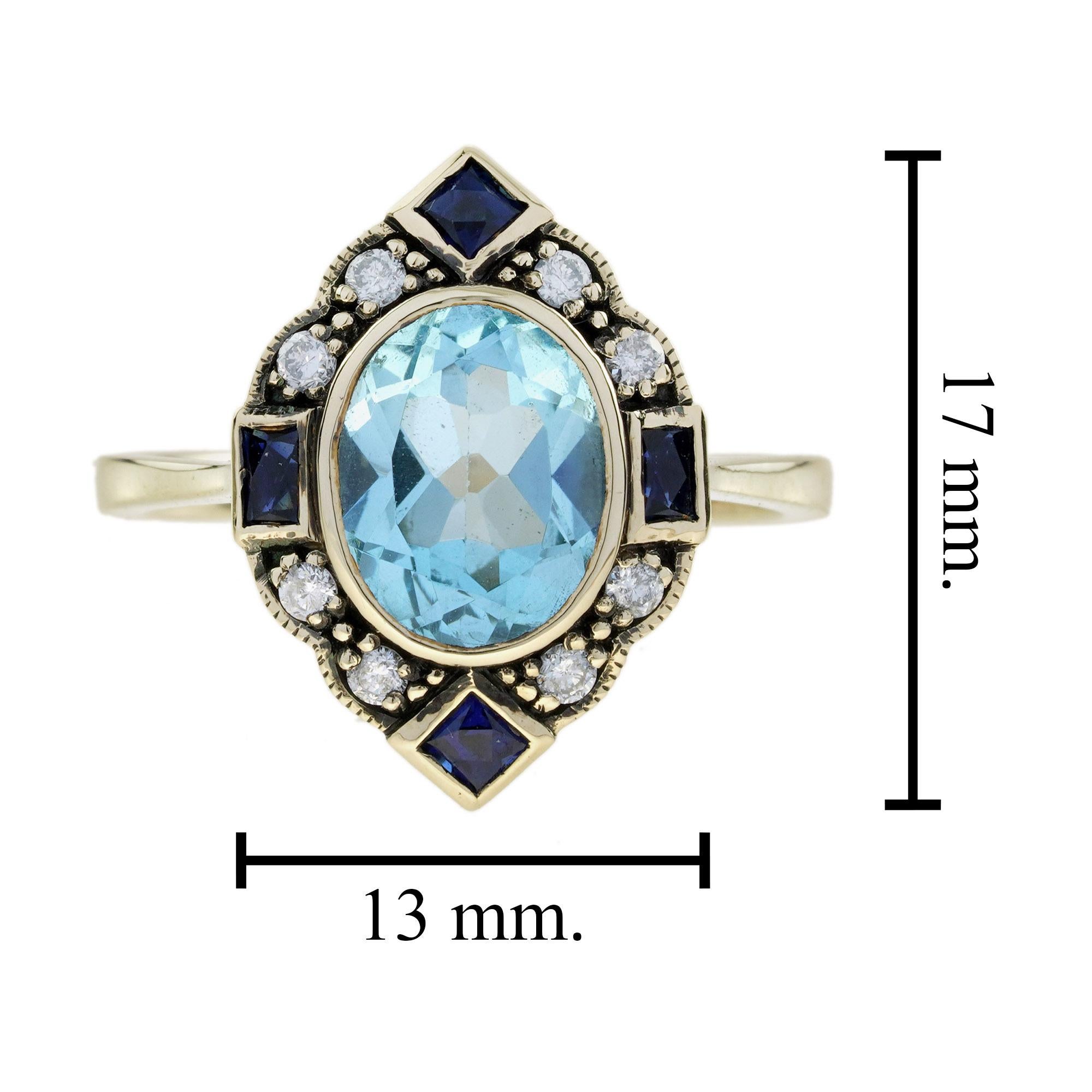 Bague Halo en or jaune 9K, topaze bleue, saphir et diamant de style Art Déco en vente 3
