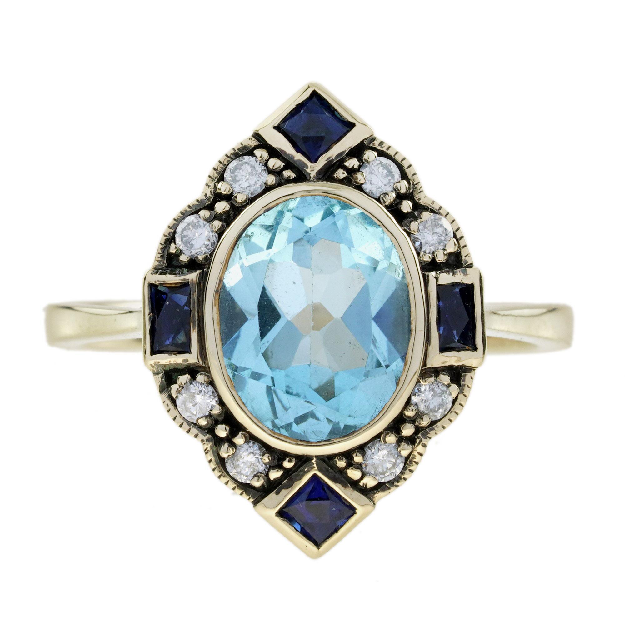 Bague Halo en or jaune 9K, topaze bleue, saphir et diamant de style Art Déco