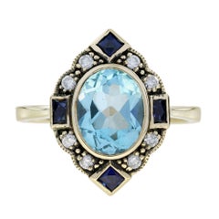 Bague Halo en or jaune 9K, topaze bleue, saphir et diamant de style Art Déco