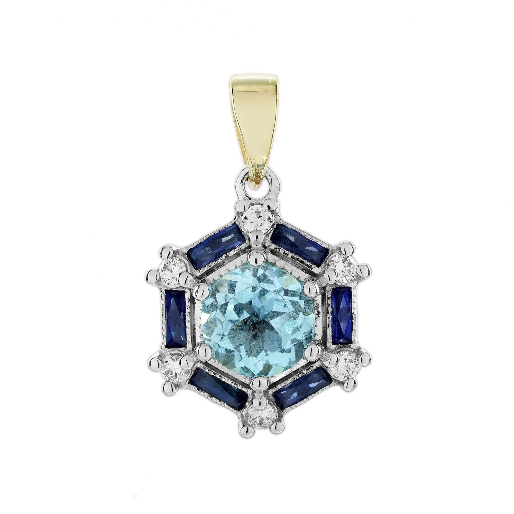 Blue Topaz Sapphire and Diamond Art Deco Style Pendant in 9K White Gold