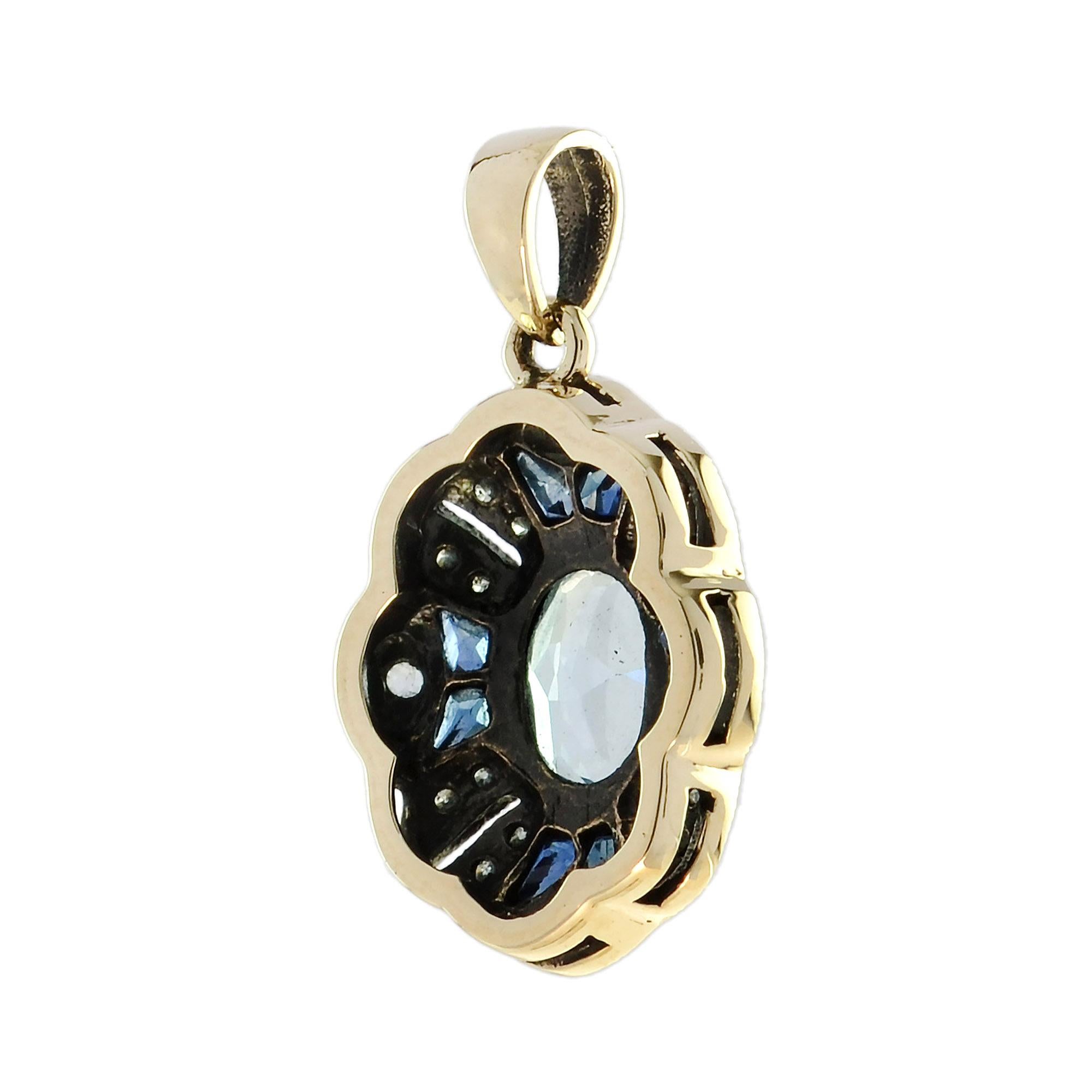 Oval Cut Blue Topaz Sapphire and Diamond Art Deco Style Pendant in 9K Yellow Gold For Sale