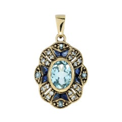 Blue Topaz Sapphire and Diamond Art Deco Style Pendant in 9K Yellow Gold