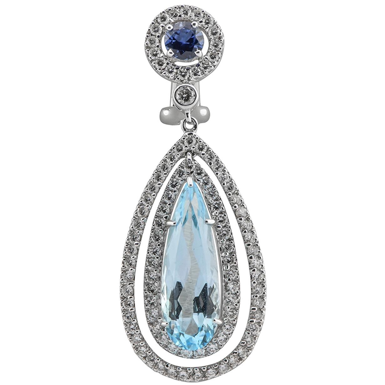 Pear Cut Blue Topaz, Sapphire and Diamond Dangle Earrings