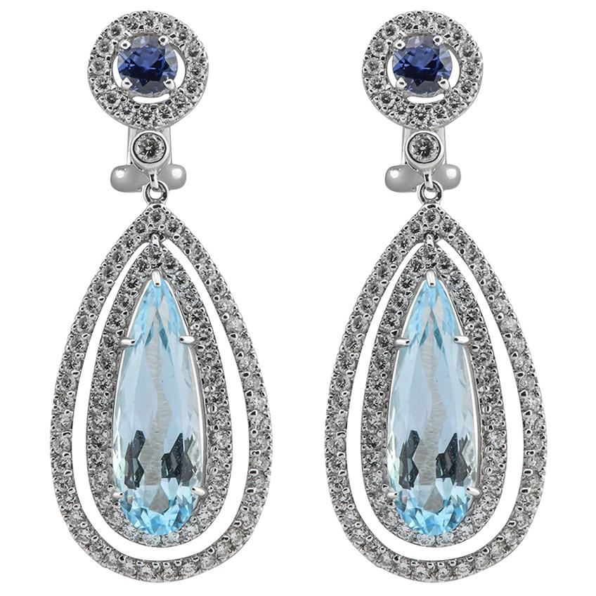 Blue Topaz, Sapphire and Diamond Dangle Earrings
