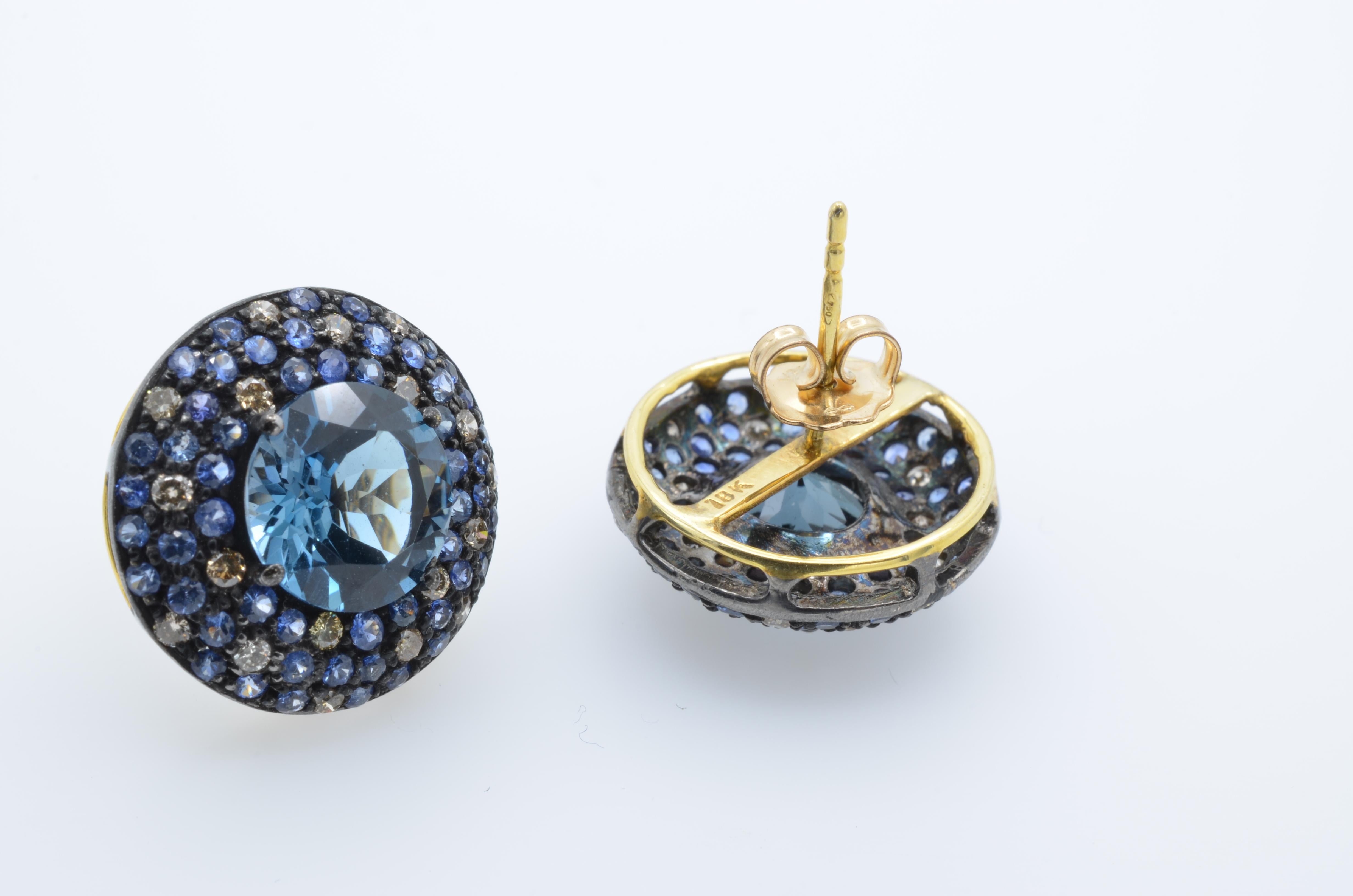 Romantic Blue Topaz Sapphire Diamond 14 Karat Gold Earring Stud