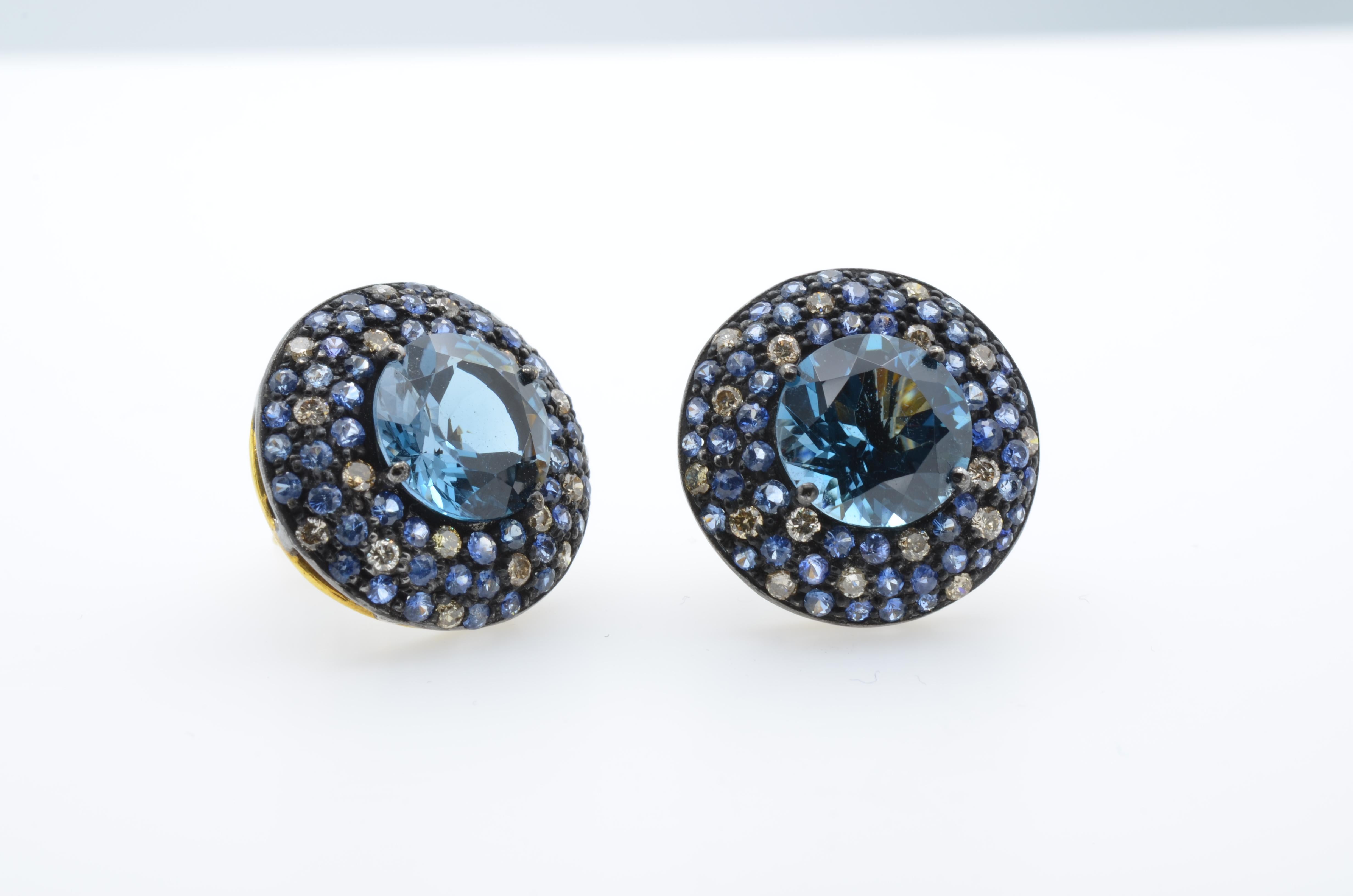 Round Cut Blue Topaz Sapphire Diamond 14 Karat Gold Earring Stud