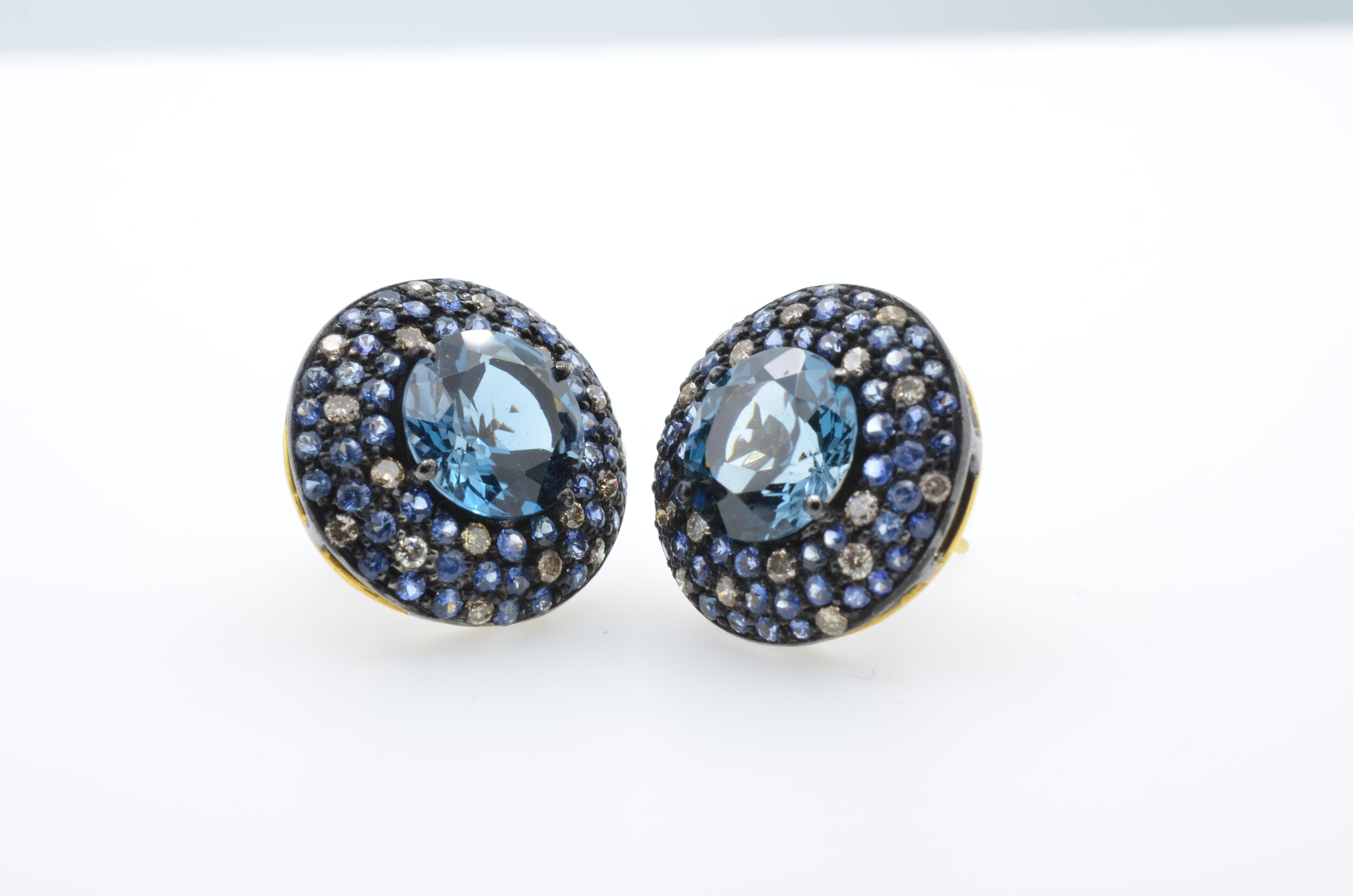 Blue Topaz Sapphire Diamond 14 Karat Gold Earring Stud In New Condition In Berkeley, CA