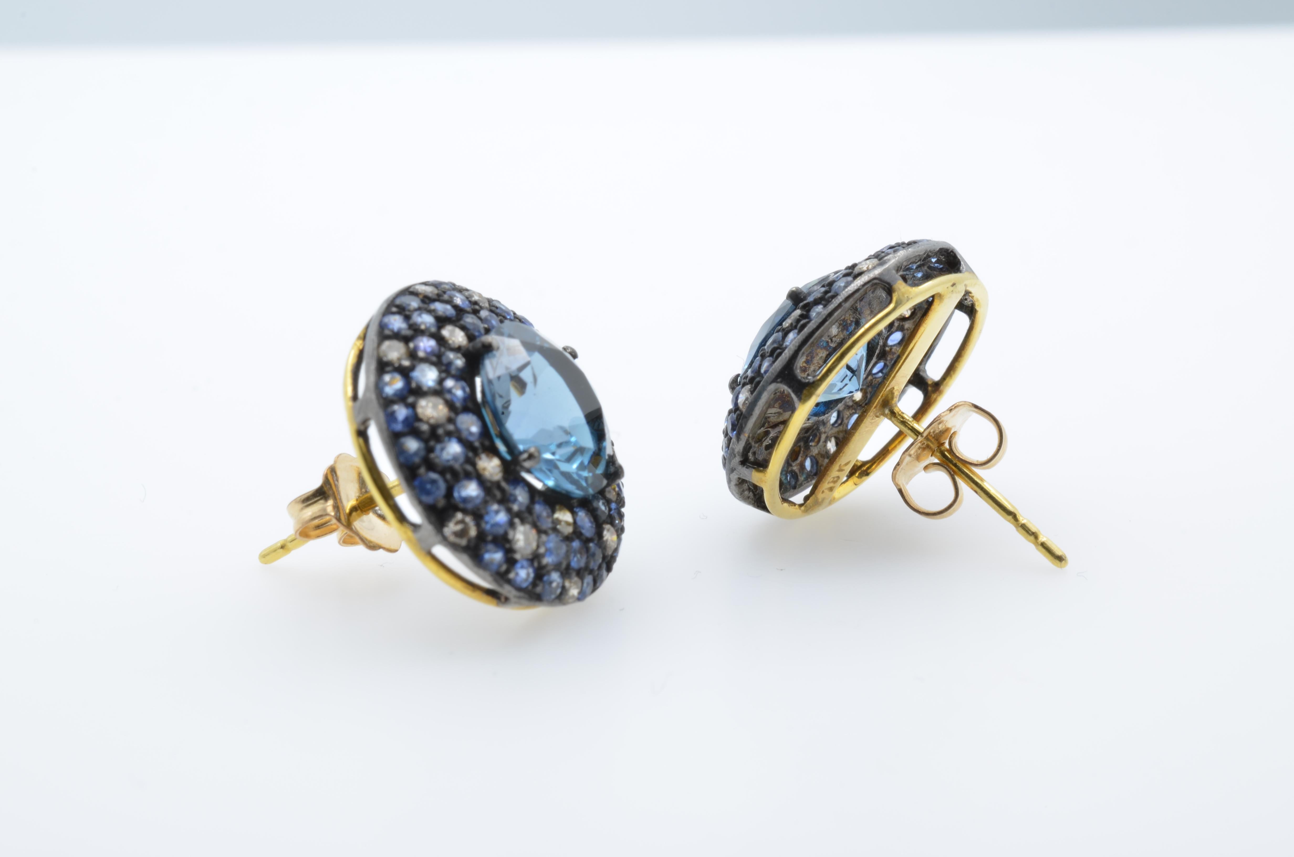 Women's or Men's Blue Topaz Sapphire Diamond 14 Karat Gold Earring Stud