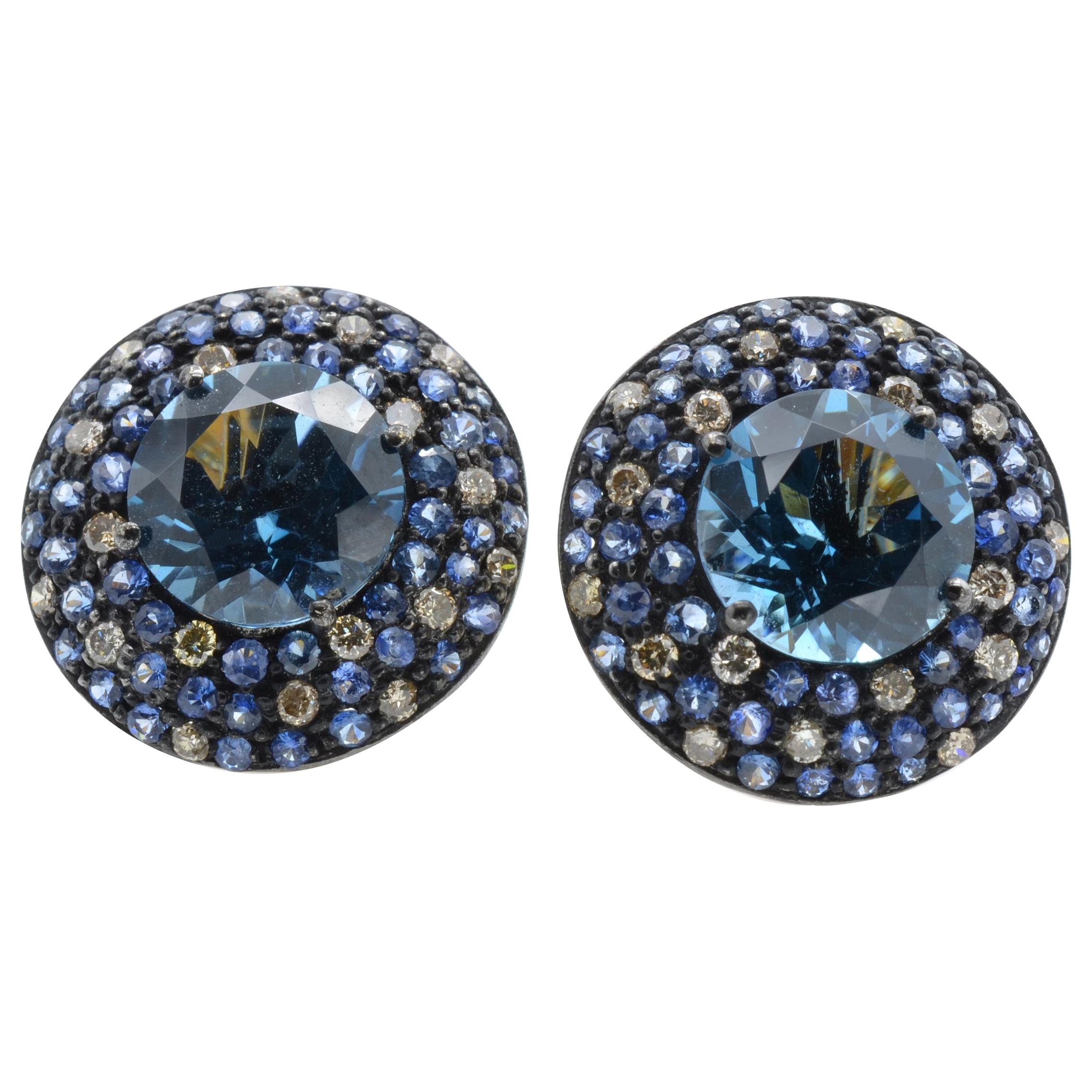 Blue Topaz Sapphire Diamond 14 Karat Gold Earring Stud