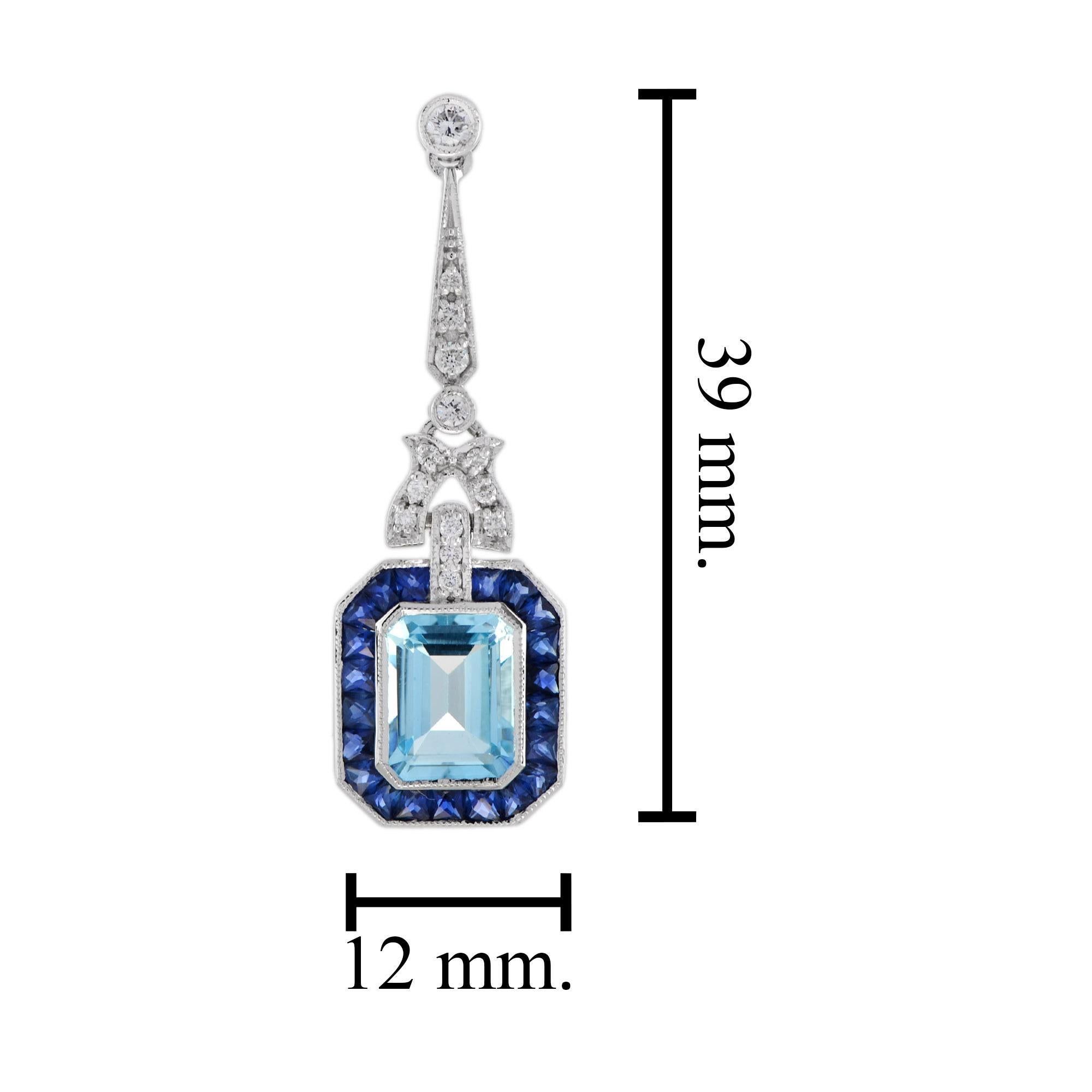 Taille émeraude Boucles d'oreilles pendantes en or blanc 14 carats Topaze bleue et saphir Diamant de style Art Déco en vente