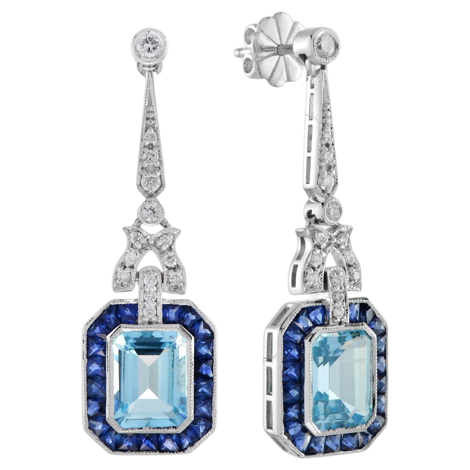 Boucles d'oreilles pendantes en or blanc 14 carats Topaze bleue et saphir Diamant de style Art Déco