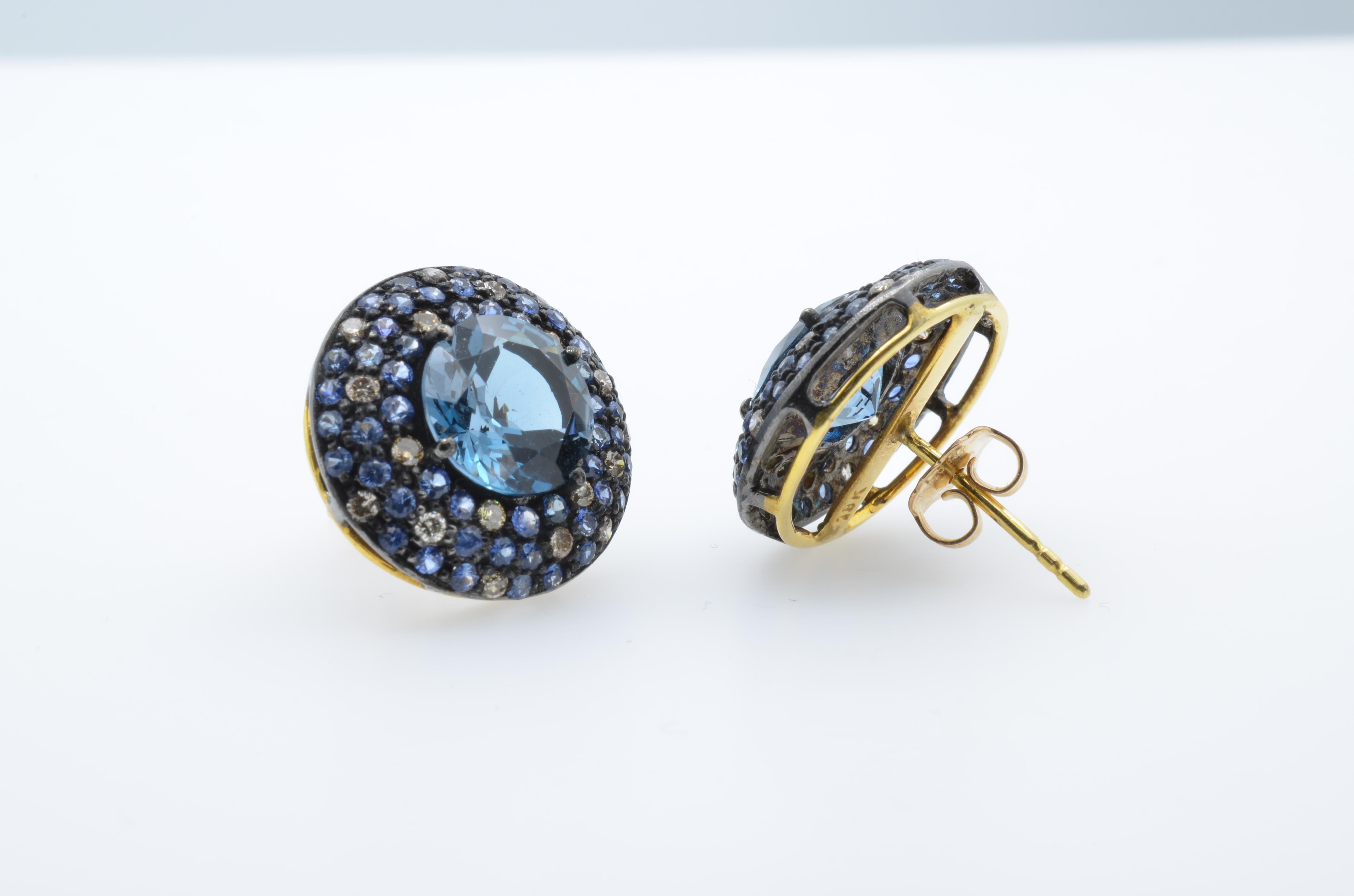 Romantic Blue Topaz Sapphire Diamond Earring Stud