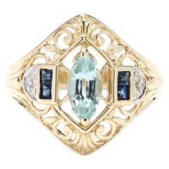 Blue Topaz Sapphire Diamond Filigree Navette Ring, 14KT YG, Ring Size 6.75