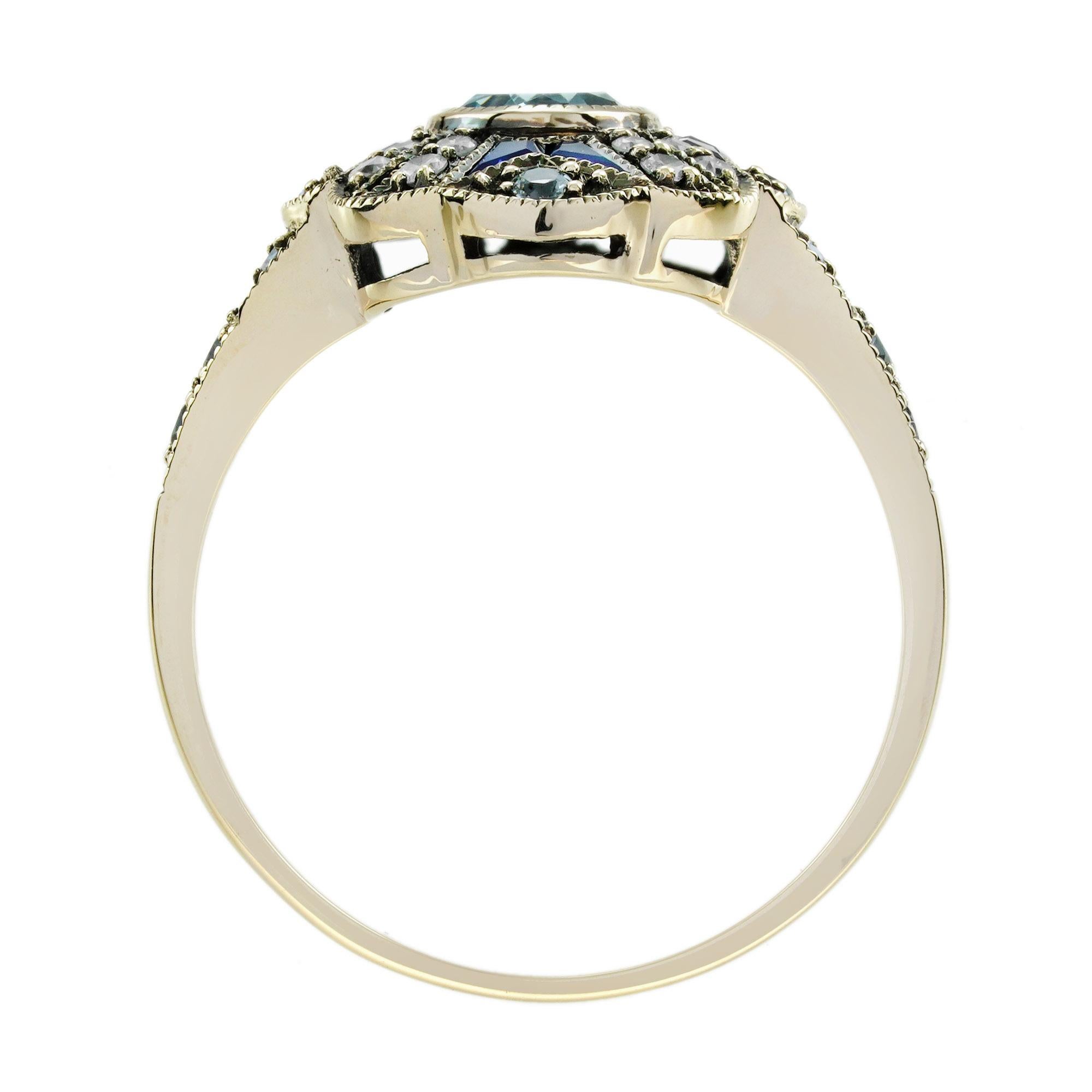 Blue Topaz Sapphire Diamond Pendant and Ring Jewelry Set in 9K Yellow Gold For Sale 5