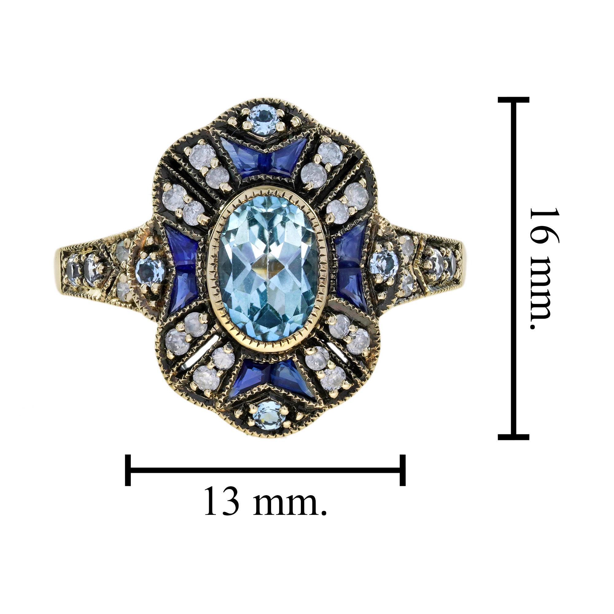 Blue Topaz Sapphire Diamond Pendant and Ring Jewelry Set in 9K Yellow Gold For Sale 6