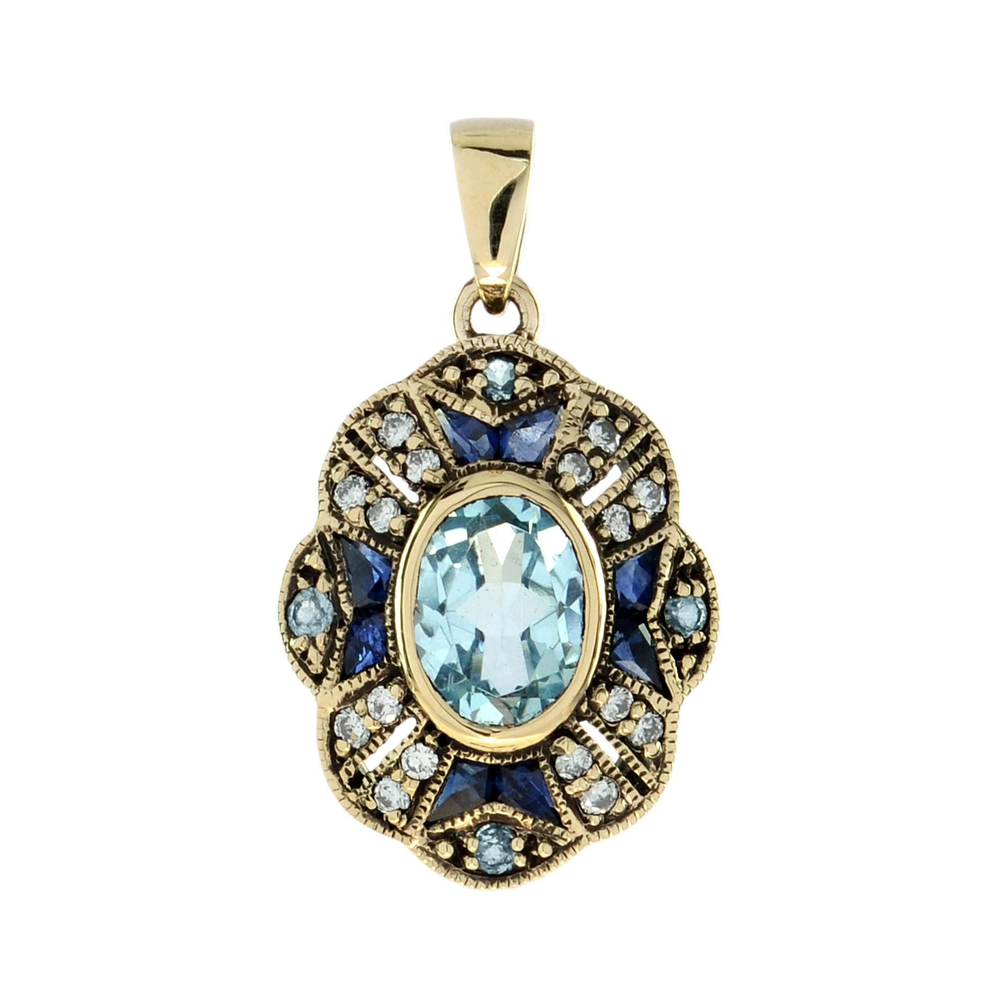 Features a radiant blue topaz as the glowing centerpiece. Framed by deep blue sapphires for richness and contrast. Sparkling diamonds add brilliance and refined elegance. Includes a matching pendant and drop earrings for a complete look. Perfect for