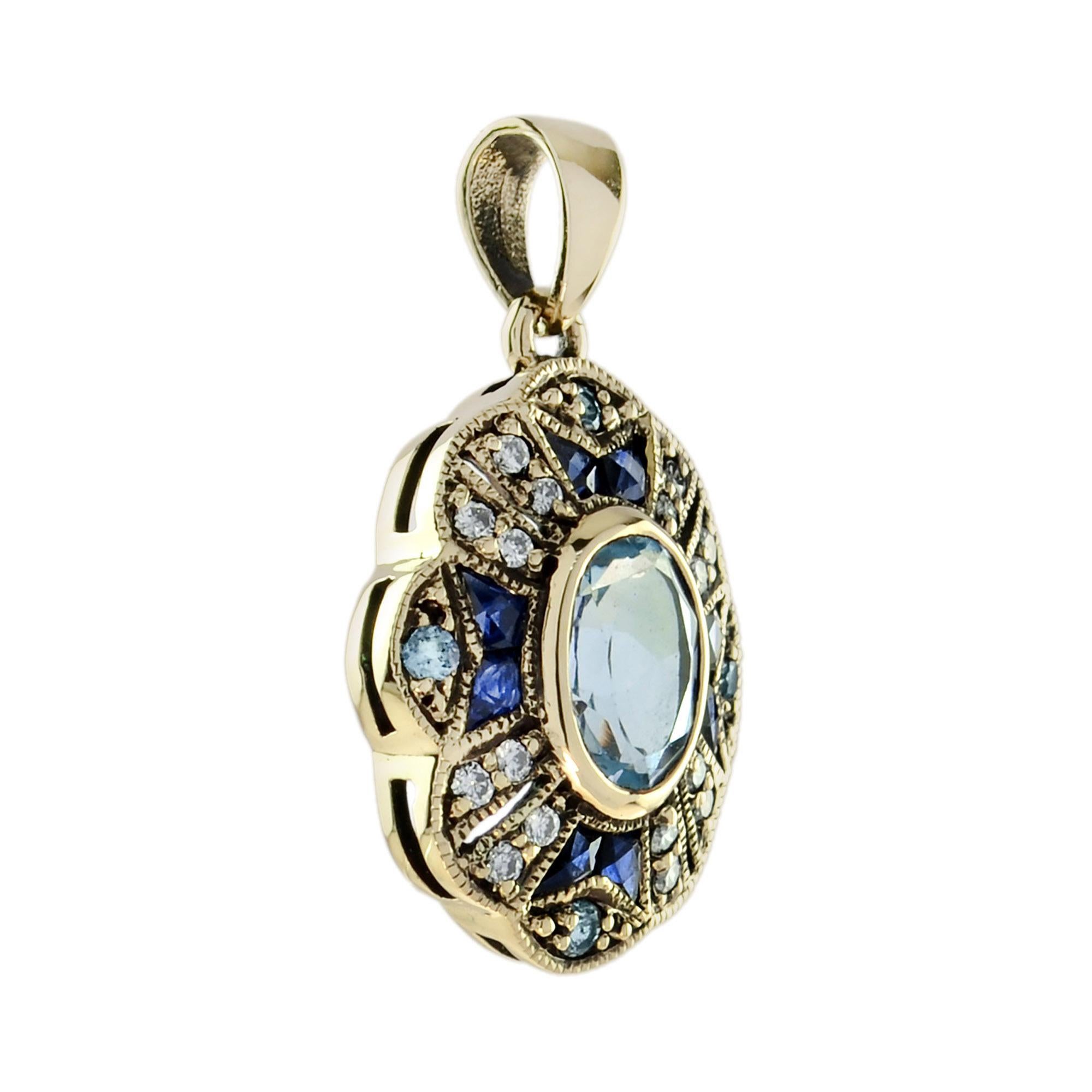 Art Deco Blue Topaz Sapphire Diamond Pendant and Ring Jewelry Set in 9K Yellow Gold For Sale