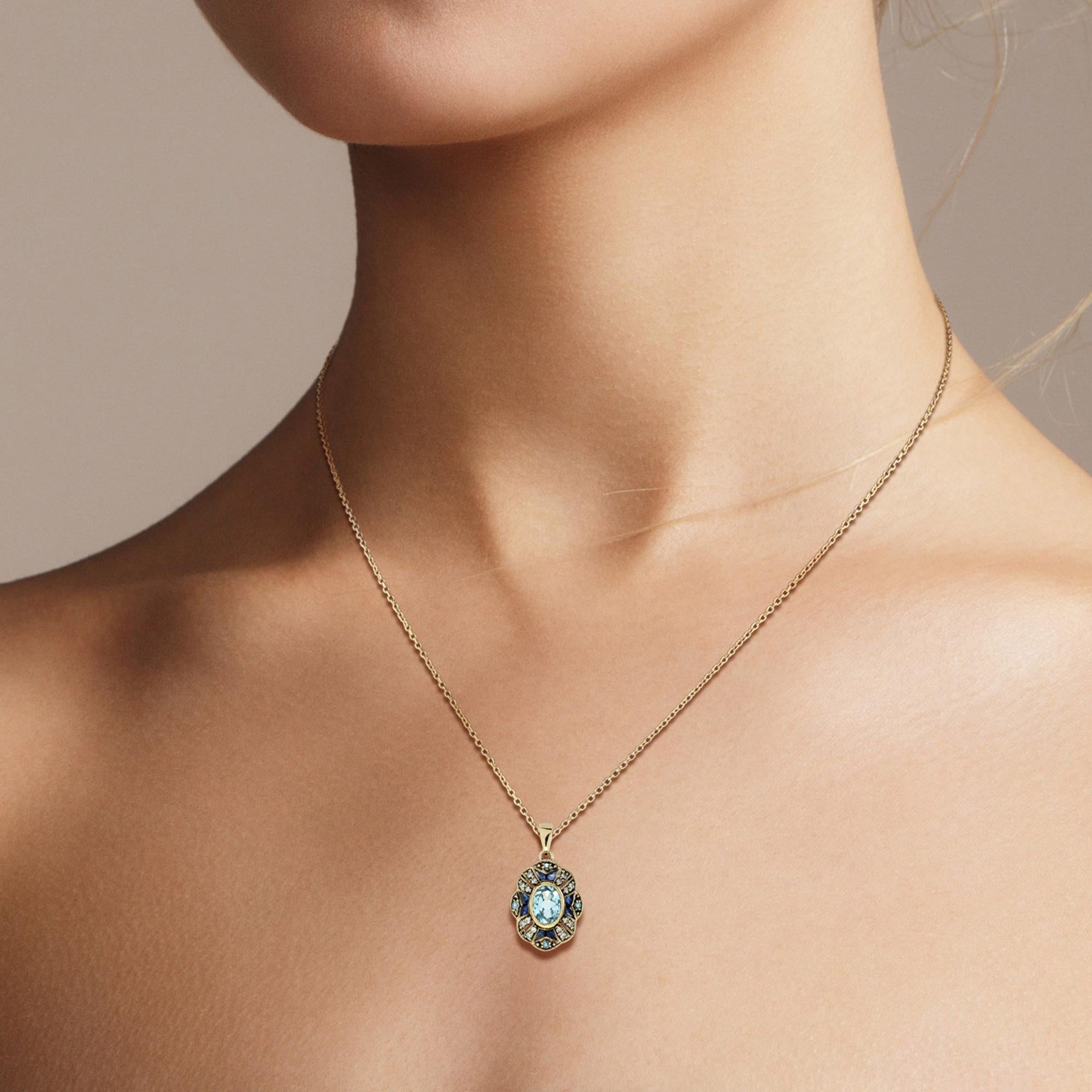 Women's Blue Topaz Sapphire Diamond Pendant and Ring Jewelry Set in 9K Yellow Gold For Sale