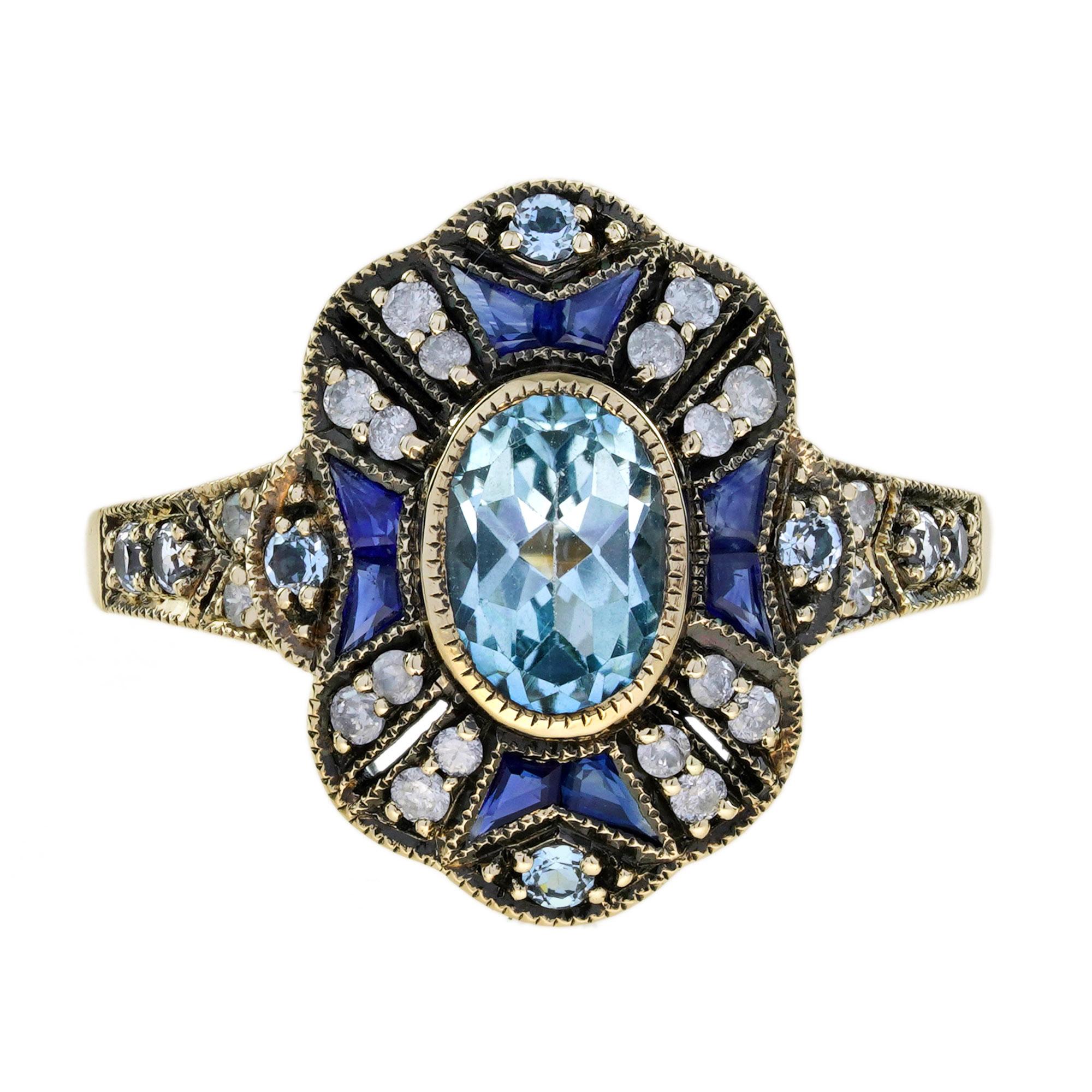 Blue Topaz Sapphire Diamond Pendant and Ring Jewelry Set in 9K Yellow Gold For Sale 1