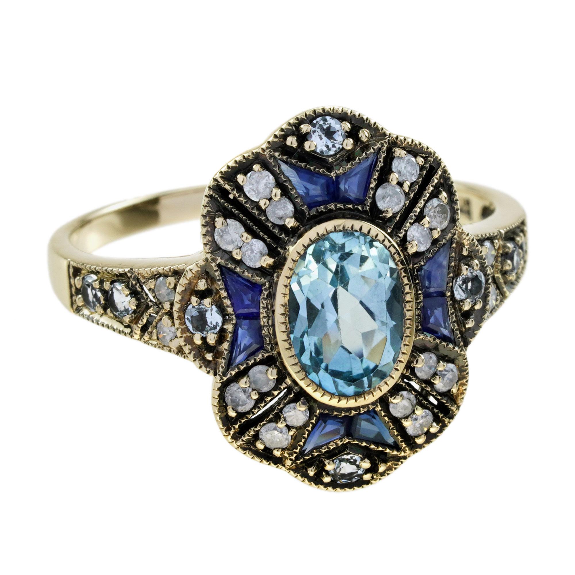 Blue Topaz Sapphire Diamond Pendant and Ring Jewelry Set in 9K Yellow Gold For Sale 2