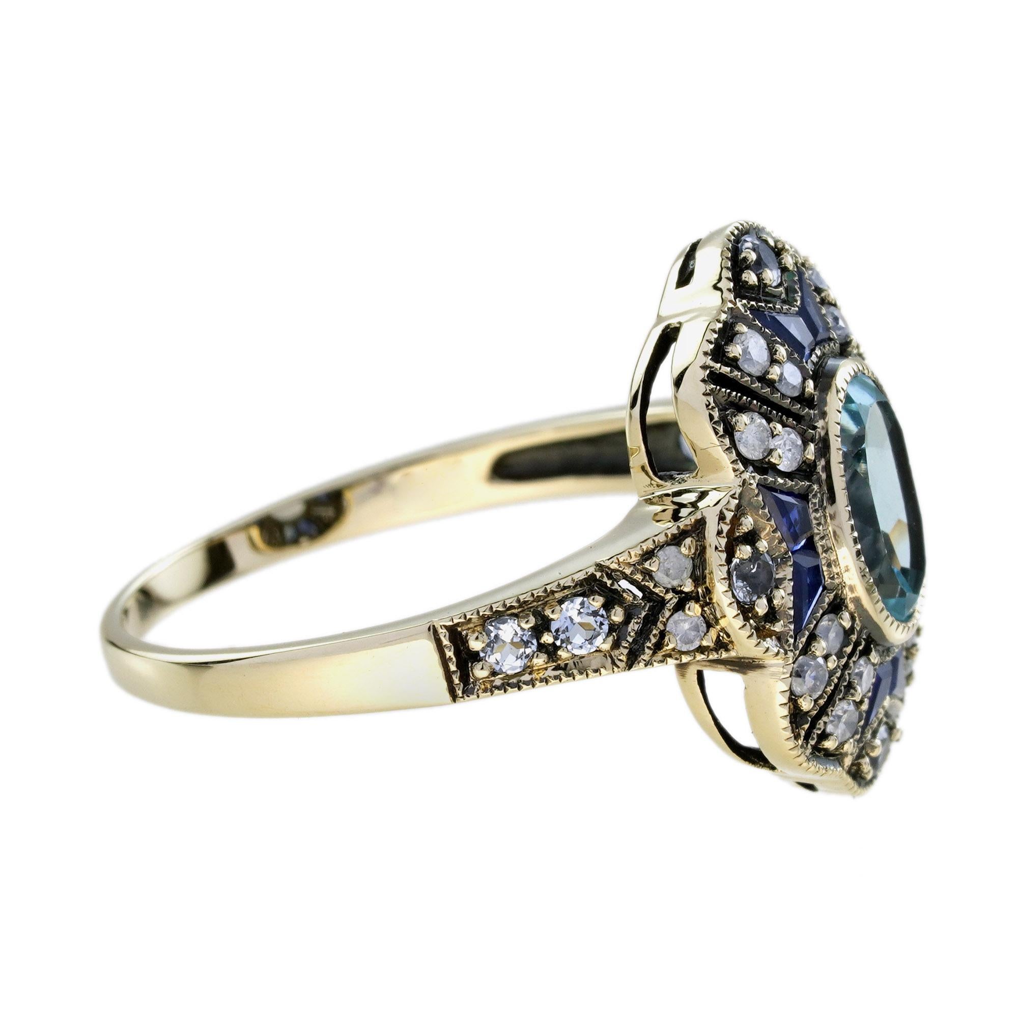 Blue Topaz Sapphire Diamond Pendant and Ring Jewelry Set in 9K Yellow Gold For Sale 3