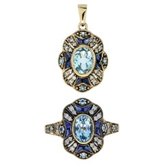 Blue Topaz Sapphire Diamond Pendant and Ring Jewelry Set in 9K Yellow Gold