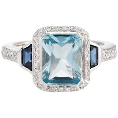 Blue Topaz Sapphire Diamond Ring Estate 18 Karat Gold Alternative Square 