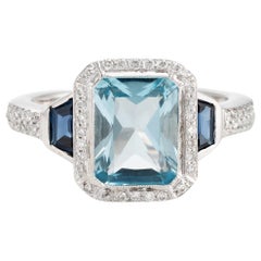 Vintage Blue Topaz Sapphire Diamond Ring Estate 18 Karat Gold Alternative Engagement