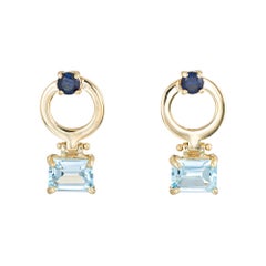 Blue Topaz Sapphire Earrings Vintage 14 Karat Gold Circle Drops Estate Jewelry