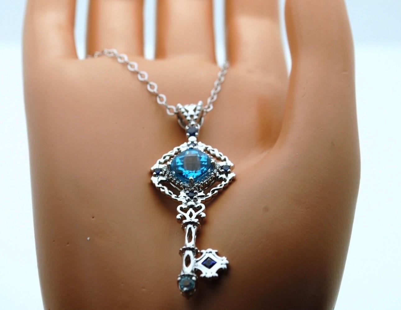 Cushion Cut Blue topaz & sapphire key 18KT white gold pendant necklace LARGE size For Sale
