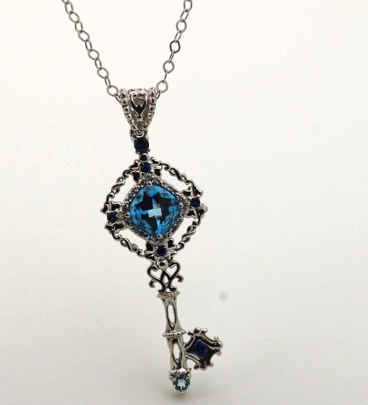 Blue topaz & sapphire key 18KT white gold pendant necklace LARGE size In New Condition For Sale In Boca Raton, FL
