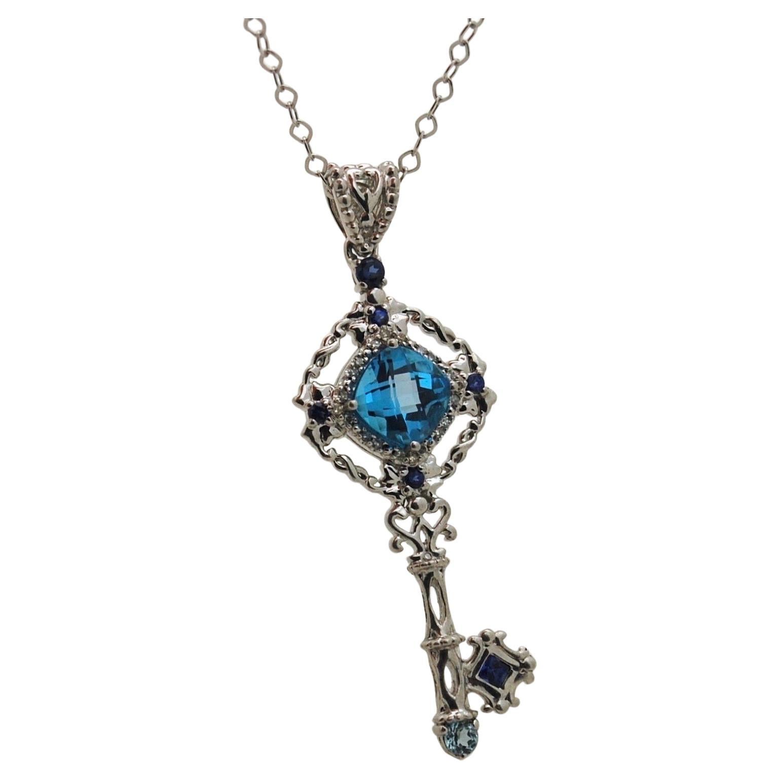 Blue topaz & sapphire key 18KT white gold pendant necklace LARGE size
