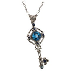 Blue topaz & sapphire key 18KT white gold pendant necklace LARGE size
