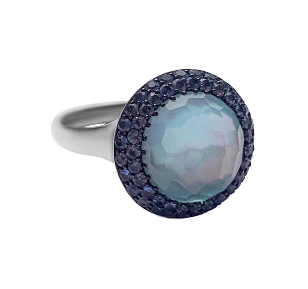 Ohrringe aus 18 Karat Gold mit blauem Blautopas, Saphir und Perlmutt in Weiß im Angebot 1