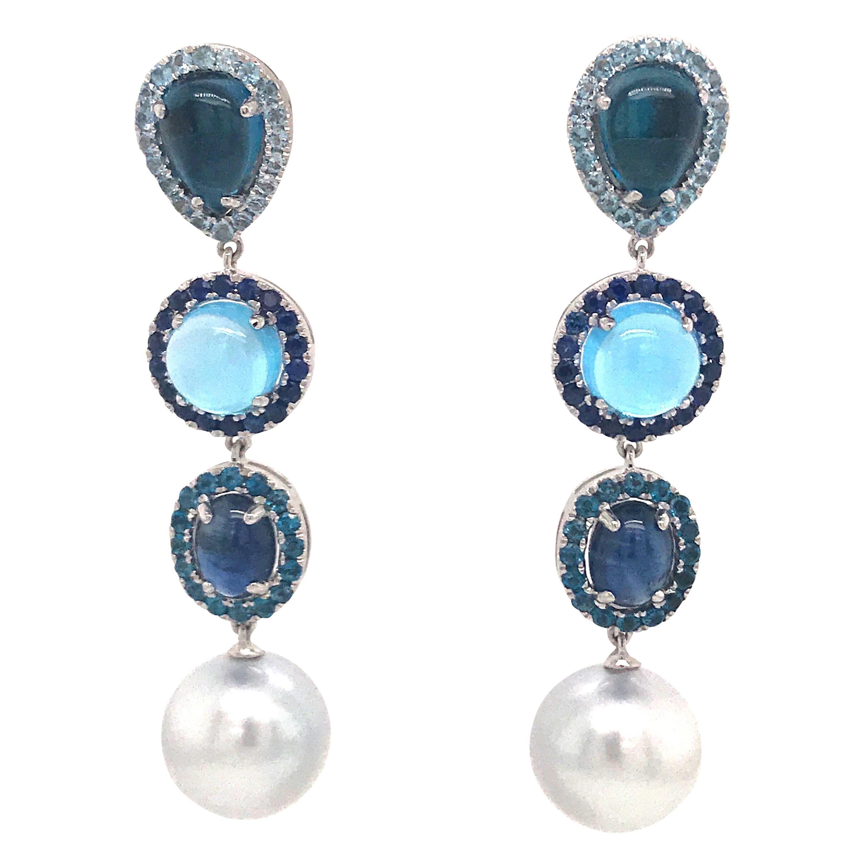 Blue Topaz Sapphire South Sea Pearl Drop Earrings 17 Carat 18 Karat White Gold
