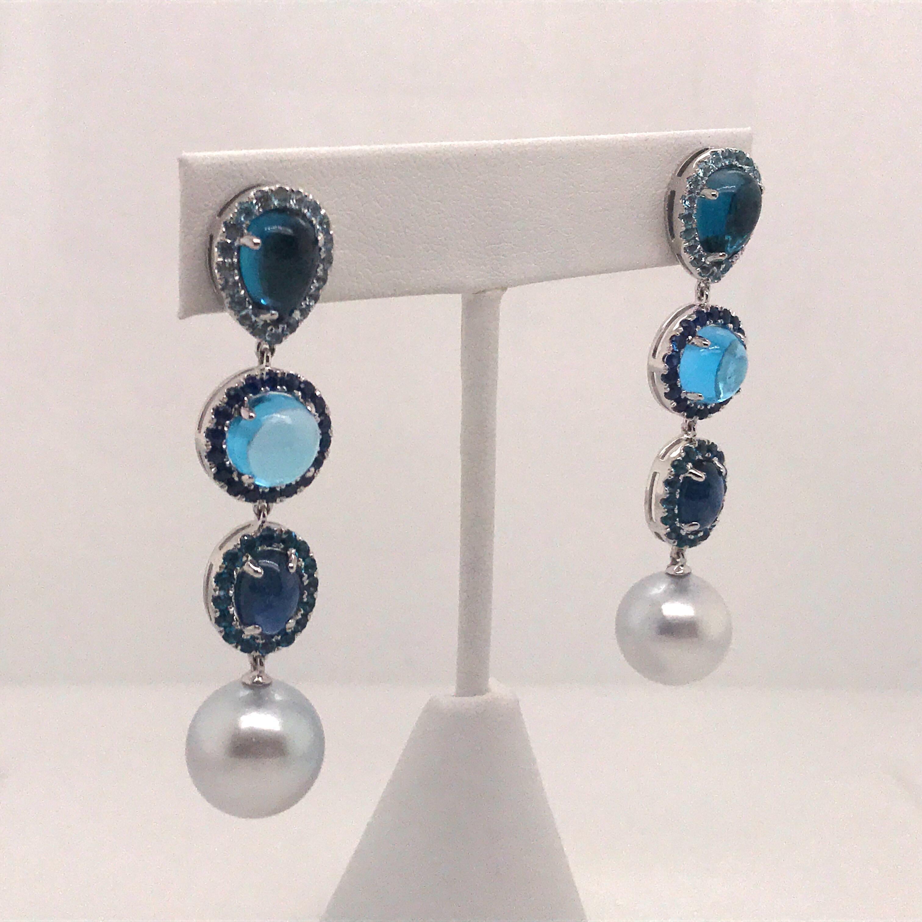 Blue Topaz Sapphire South Sea Pearl Drop Earrings 17 Carat 18 Karat White Gold In New Condition For Sale In New York, NY