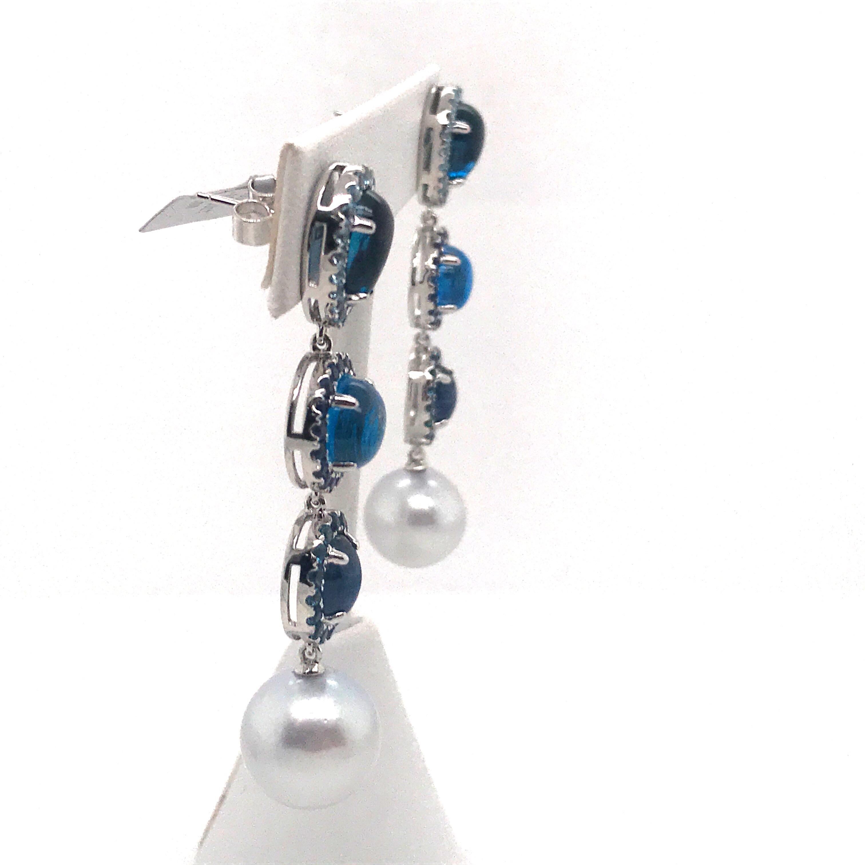 Women's Blue Topaz Sapphire South Sea Pearl Drop Earrings 17 Carat 18 Karat White Gold For Sale